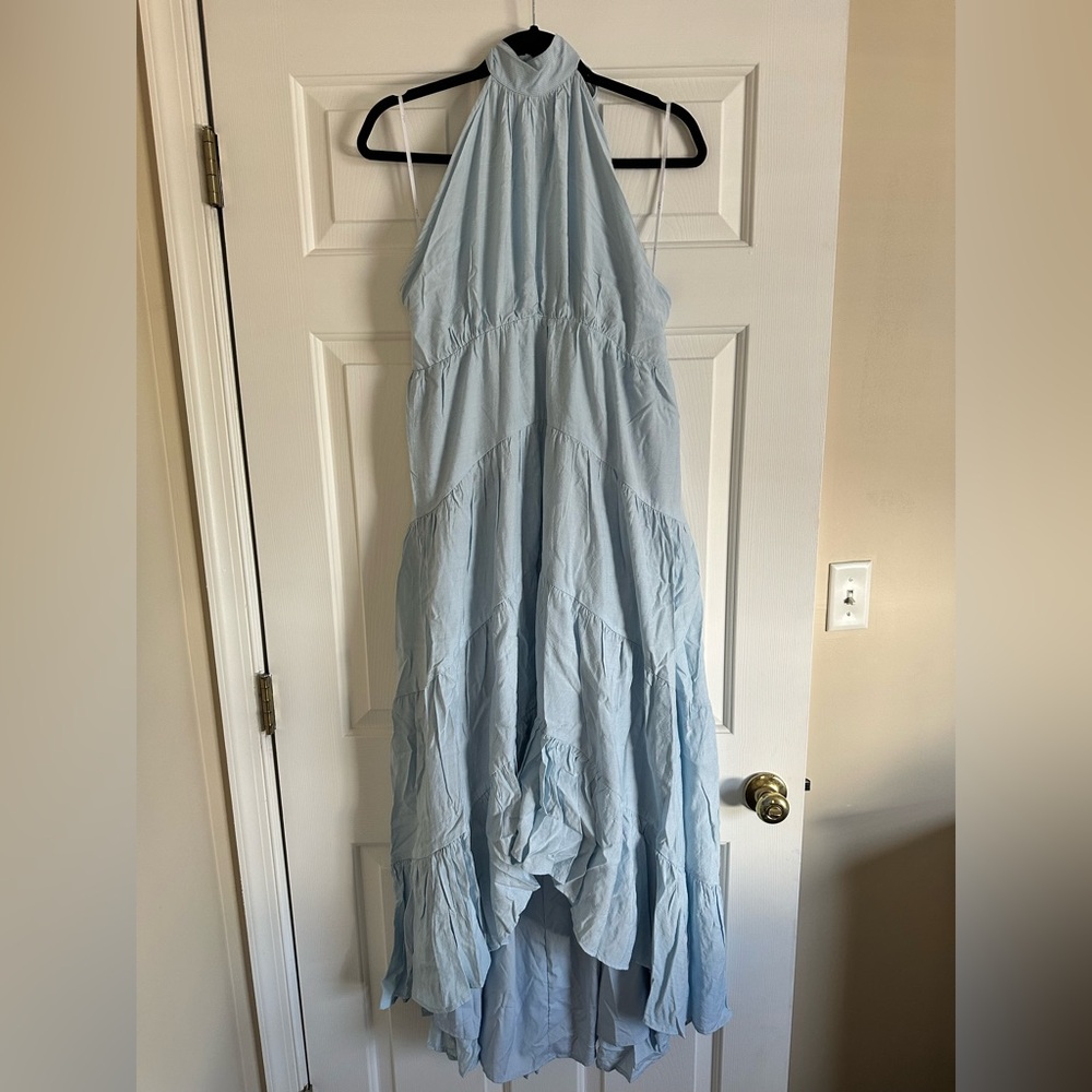 Lulu’s Breezy Radiance Light Blue Tiered Halter High-Low Maxi Dress